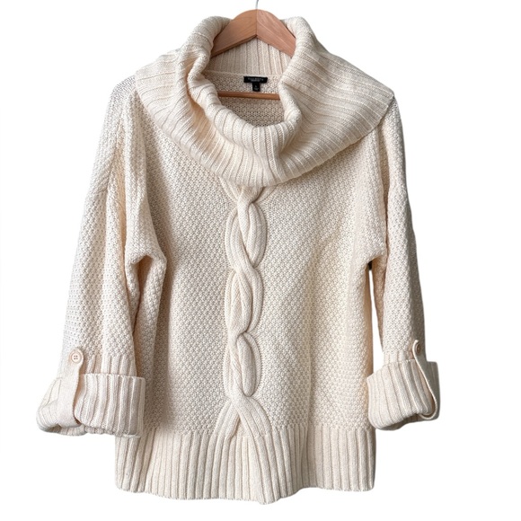 Talbots Cowl Neck Cream Cable Knit Sweater Wool Alpaca Blend Sz L - Picture 1 of 6